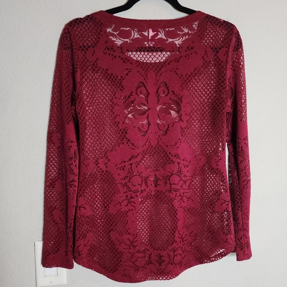 CACHE Burnout Sheer Maroon Long Sleeve Shirt Size Small - Picture 9 of 15